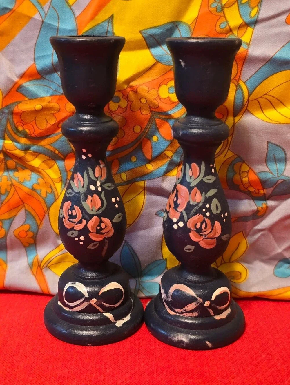 Vintage | Hand-Painted Floral Wooden Candle Holders